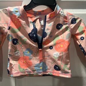 Ruffle Butts Pink Floral Kids Swim Rashguard with Navy Accents 2 piece swimsuit